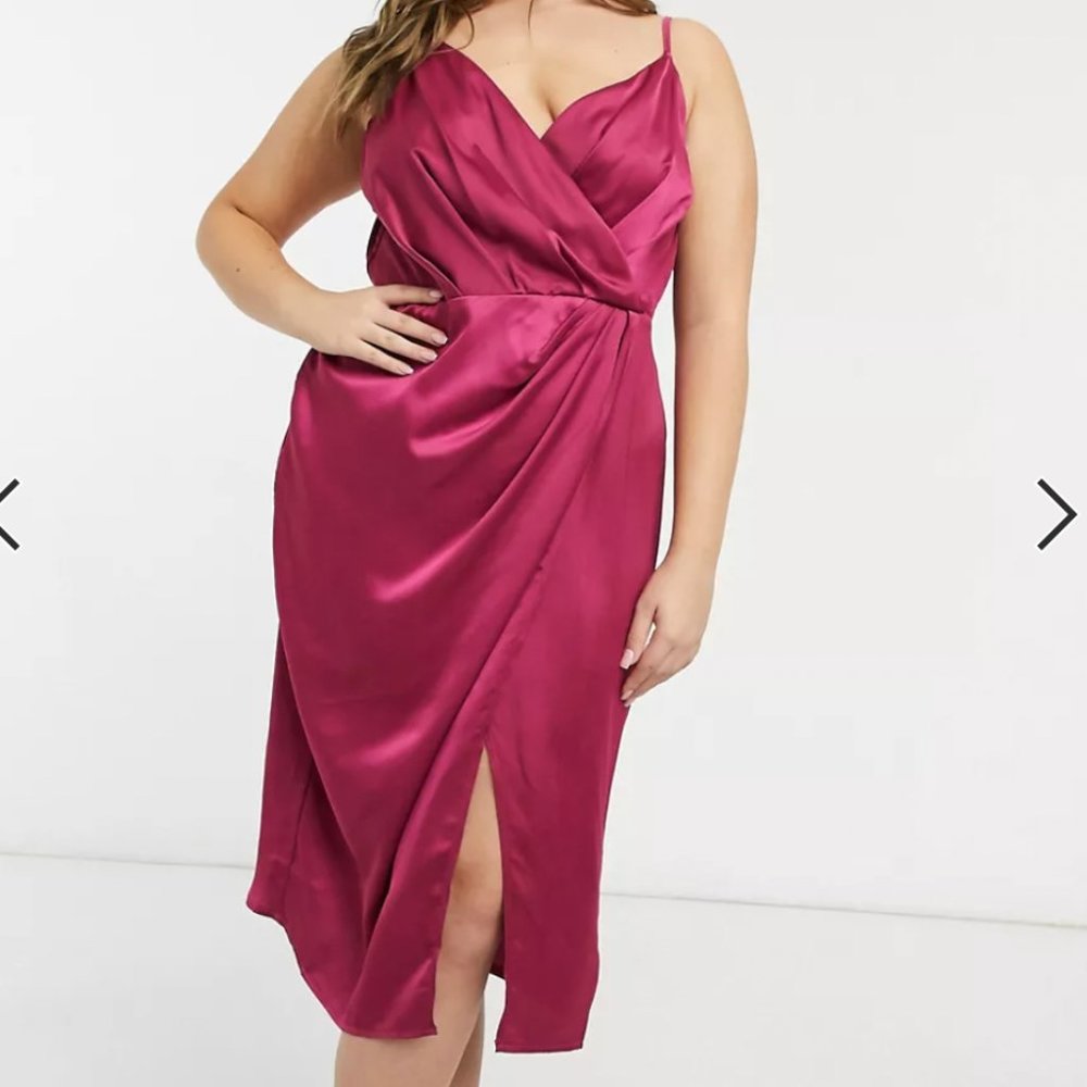 Plus wrap satin midi dress in Berry
